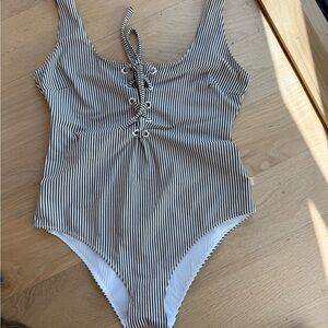 Ganni Brown and White Striped One-Piece Swimsuit